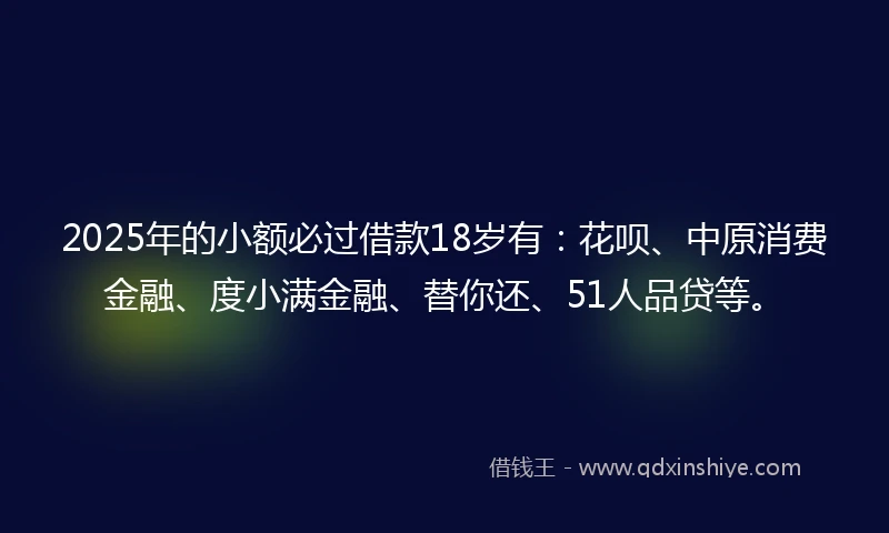 2025年的小额必过借款18岁有：花呗、中原消费金融、度小满金融、替你还、51人品贷等。