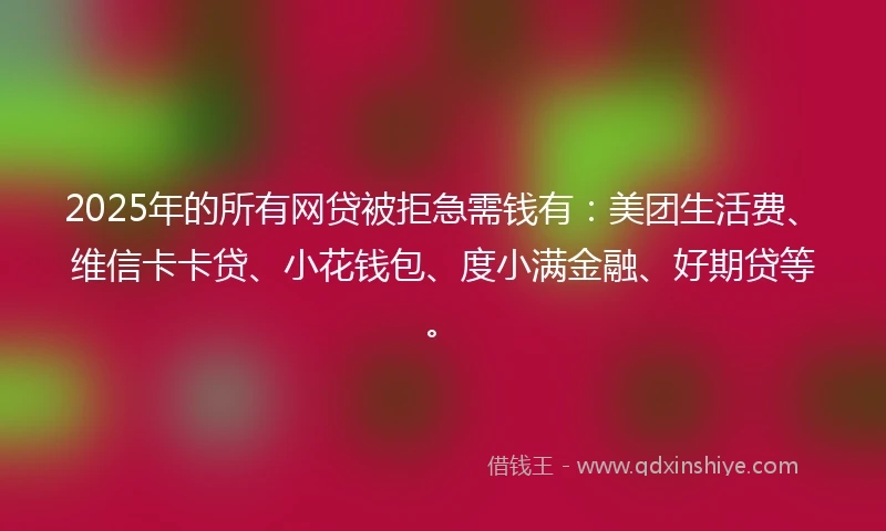 2025年的所有网贷被拒急需钱有：美团生活费、维信卡卡贷、小花钱包、度小满金融、好期贷等。
