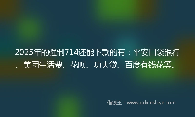 2025年的强制714还能下款的有：平安口袋银行、美团生活费、花呗、功夫贷、百度有钱花等。