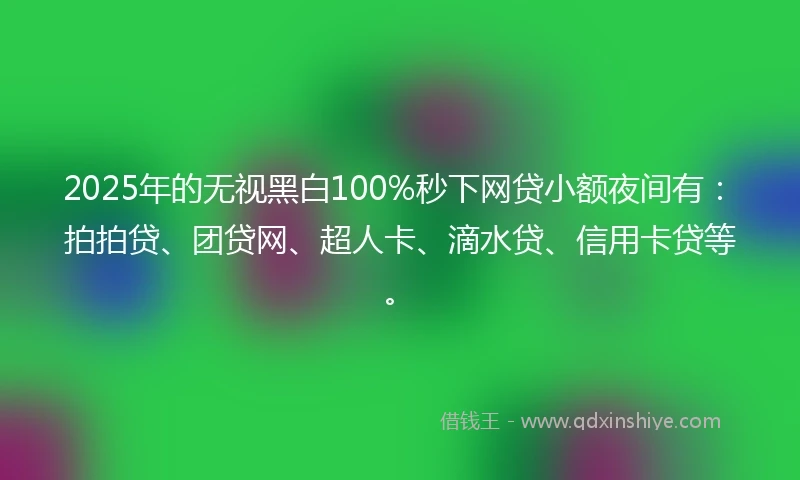 2025年的无视黑白100%秒下网贷小额夜间有：拍拍贷、团贷网、超人卡、滴水贷、信用卡贷等。