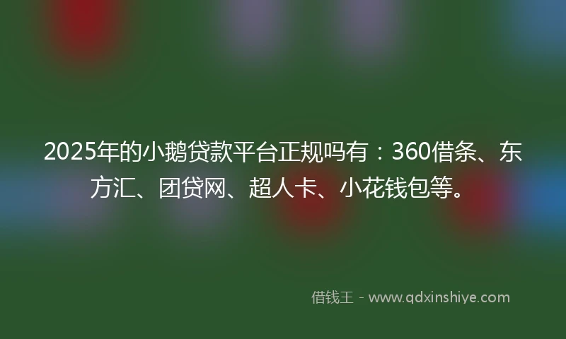 2025年的小鹅贷款平台正规吗有：360借条、东方汇、团贷网、超人卡、小花钱包等。