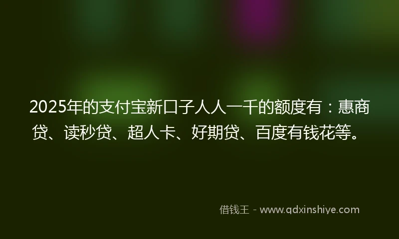 2025年的支付宝新口子人人一千的额度有：惠商贷、读秒贷、超人卡、好期贷、百度有钱花等。