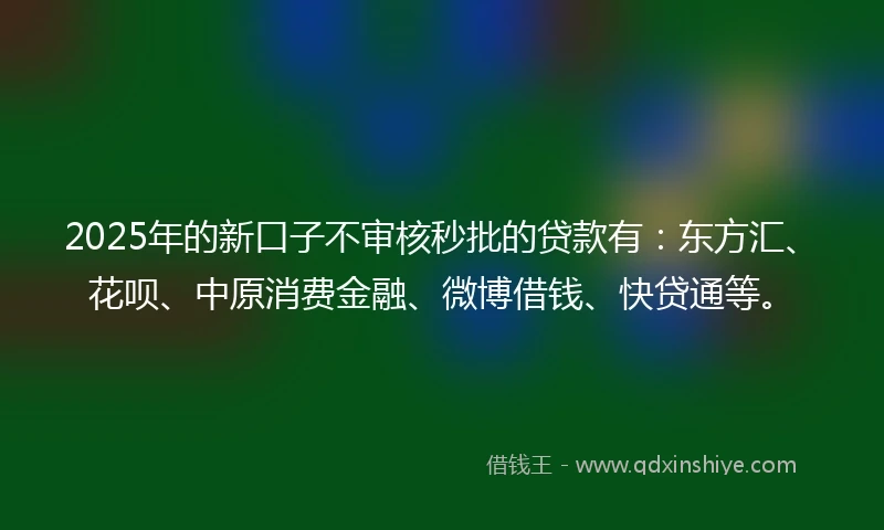 2025年的新口子不审核秒批的贷款有：东方汇、花呗、中原消费金融、微博借钱、快贷通等。