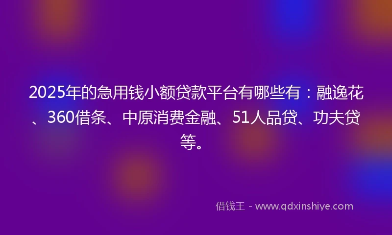 2025年的急用钱小额贷款平台有哪些有：融逸花、360借条、中原消费金融、51人品贷、功夫贷等。