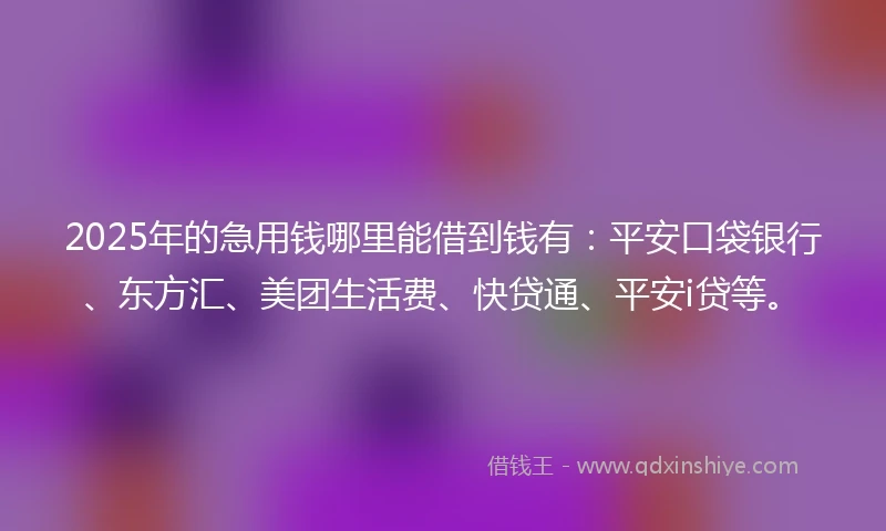 2025年的急用钱哪里能借到钱有：平安口袋银行、东方汇、美团生活费、快贷通、平安i贷等。