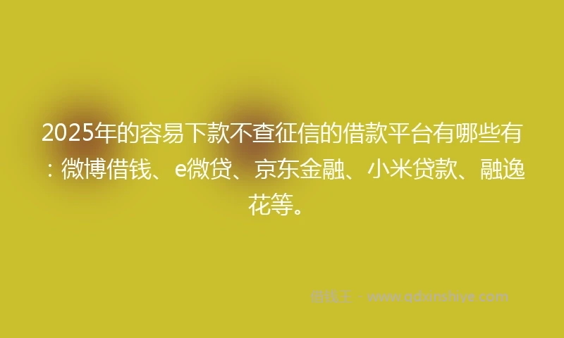 2025年的容易下款不查征信的借款平台有哪些有：微博借钱、e微贷、京东金融、小米贷款、融逸花等。