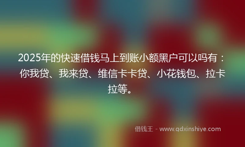 2025年的快速借钱马上到账小额黑户可以吗有：你我贷、我来贷、维信卡卡贷、小花钱包、拉卡拉等。