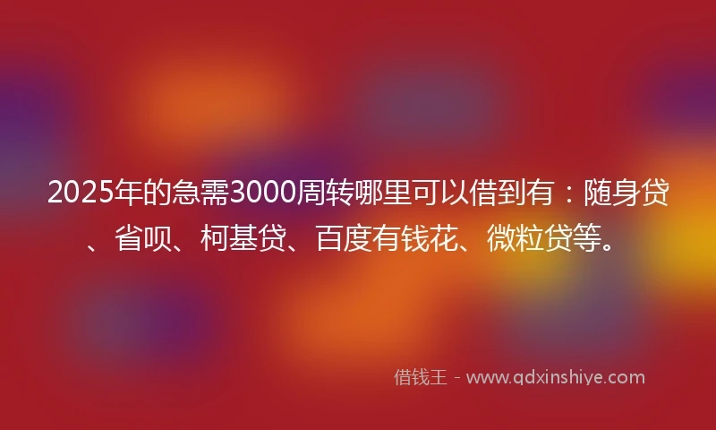 2025年的急需3000周转哪里可以借到有：随身贷、省呗、柯基贷、百度有钱花、微粒贷等。