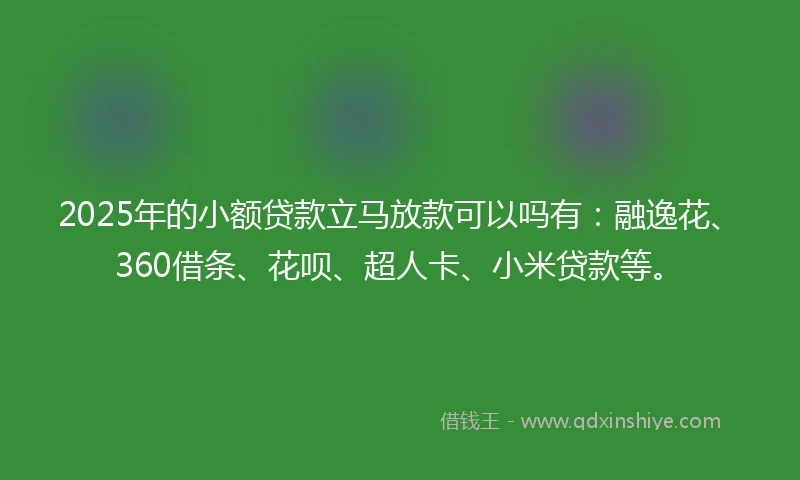 2025年的小额贷款立马放款可以吗有：融逸花、360借条、花呗、超人卡、小米贷款等。
