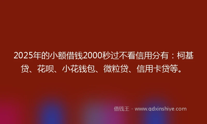 2025年的小额借钱2000秒过不看信用分有：柯基贷、花呗、小花钱包、微粒贷、信用卡贷等。