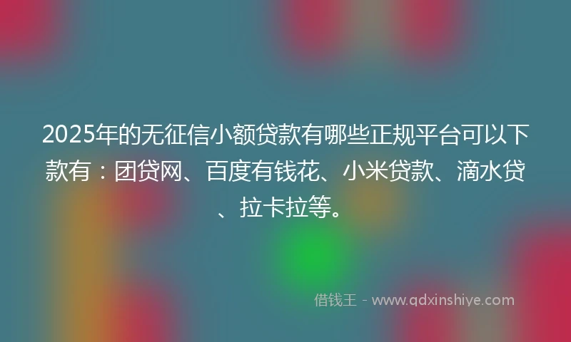 2025年的无征信小额贷款有哪些正规平台可以下款有：团贷网、百度有钱花、小米贷款、滴水贷、拉卡拉等。
