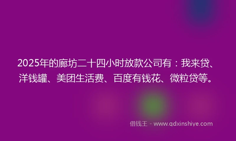2025年的廊坊二十四小时放款公司有：我来贷、洋钱罐、美团生活费、百度有钱花、微粒贷等。