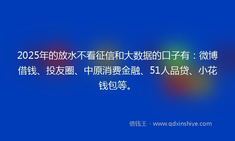 2025年的放水不看征信和大数据的口子有：微博借钱、投友圈、中原消费金融、51人品贷、小花钱包等。