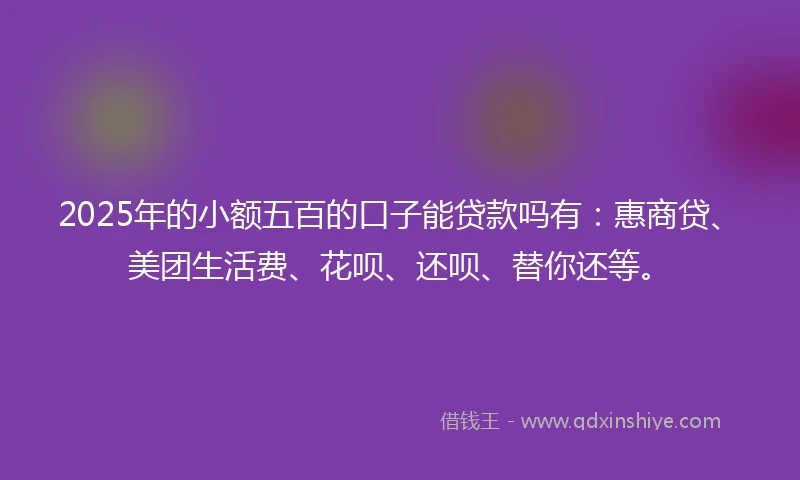 2025年的小额五百的口子能贷款吗有：惠商贷、美团生活费、花呗、还呗、替你还等。