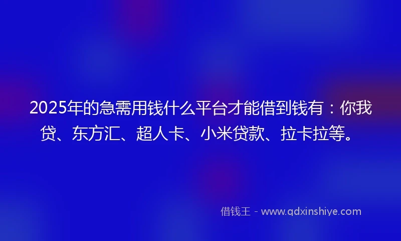 2025年的急需用钱什么平台才能借到钱有：你我贷、东方汇、超人卡、小米贷款、拉卡拉等。