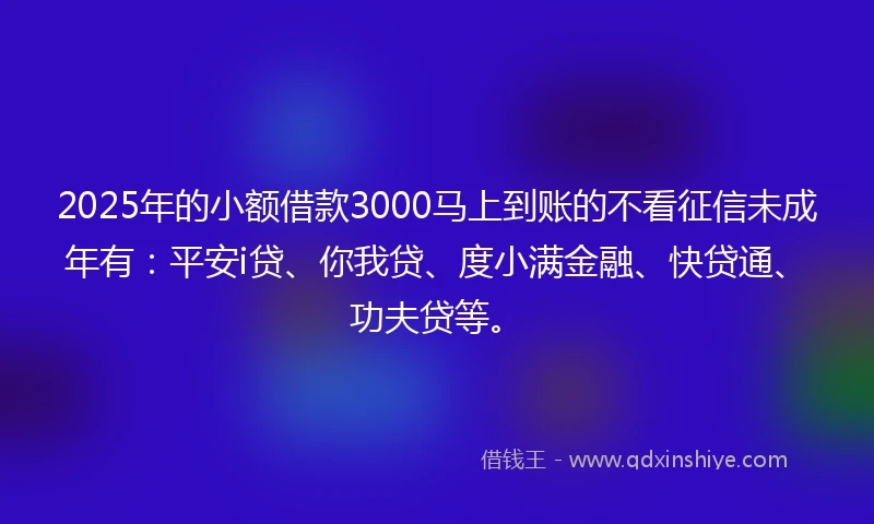 2025年的小额借款3000马上到账的不看征信未成年有：平安i贷、你我贷、度小满金融、快贷通、功夫贷等。
