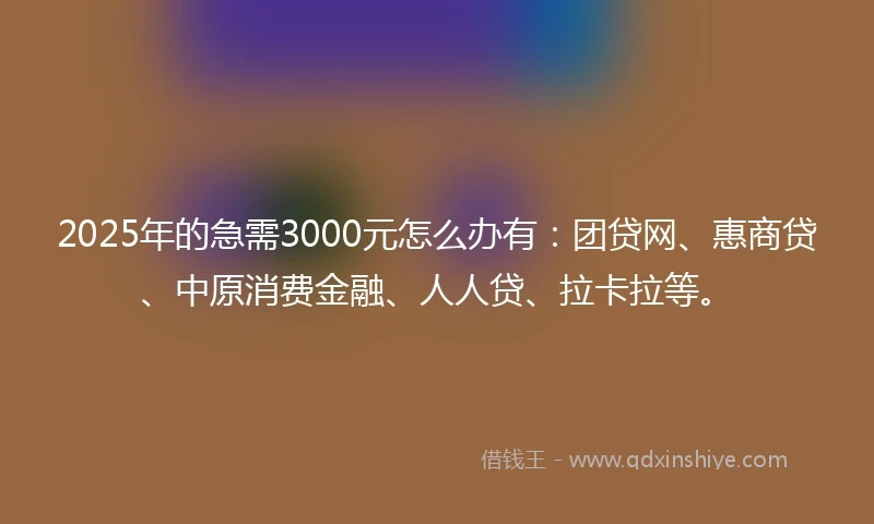 2025年的急需3000元怎么办有：团贷网、惠商贷、中原消费金融、人人贷、拉卡拉等。