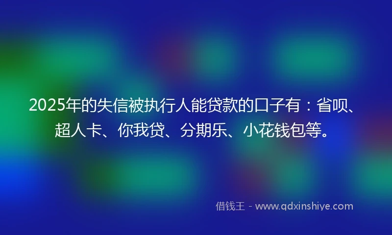 2025年的失信被执行人能贷款的口子有：省呗、超人卡、你我贷、分期乐、小花钱包等。