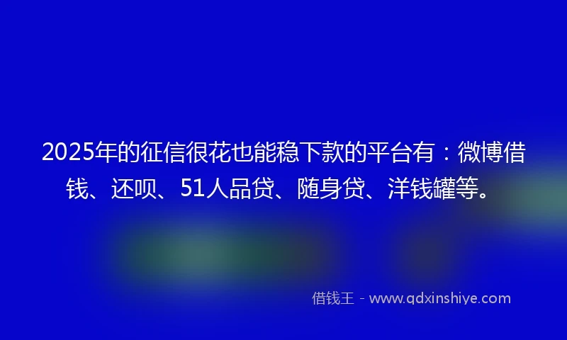 2025年的征信很花也能稳下款的平台有：微博借钱、还呗、51人品贷、随身贷、洋钱罐等。