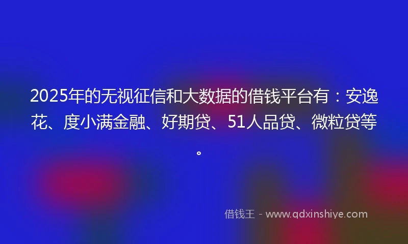 2025年的无视征信和大数据的借钱平台有：安逸花、度小满金融、好期贷、51人品贷、微粒贷等。