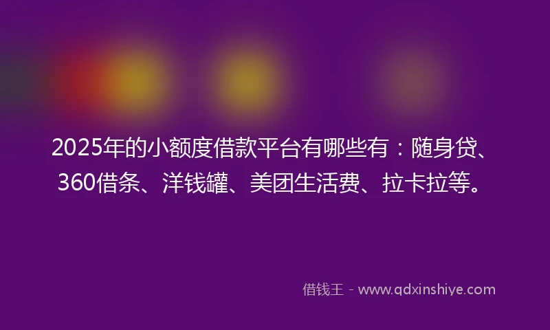 2025年的小额度借款平台有哪些有：随身贷、360借条、洋钱罐、美团生活费、拉卡拉等。