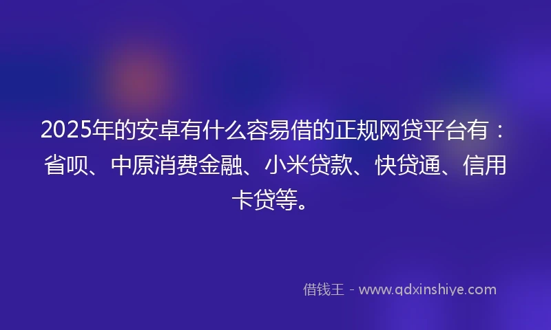 2025年的安卓有什么容易借的正规网贷平台有：省呗、中原消费金融、小米贷款、快贷通、信用卡贷等。
