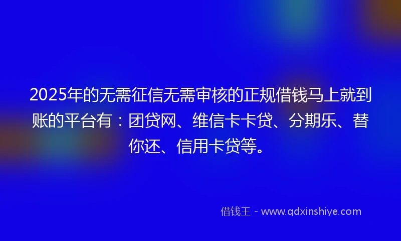 2025年的无需征信无需审核的正规借钱马上就到账的平台有：团贷网、维信卡卡贷、分期乐、替你还、信用卡贷等。