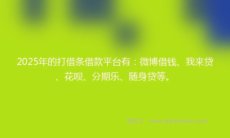 2025年的打借条借款平台有：微博借钱、我来贷、花呗、分期乐、随身贷等。