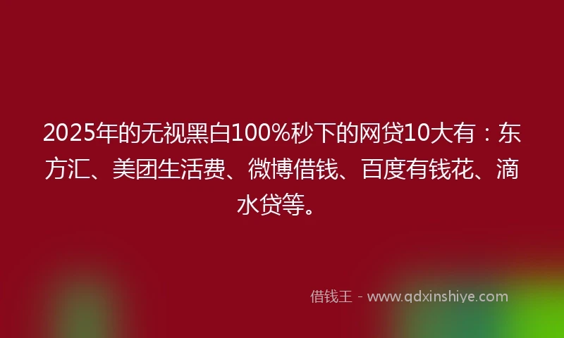 2025年的无视黑白100%秒下的网贷10大有：东方汇、美团生活费、微博借钱、百度有钱花、滴水贷等。