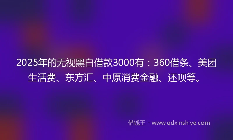 2025年的无视黑白借款3000有：360借条、美团生活费、东方汇、中原消费金融、还呗等。