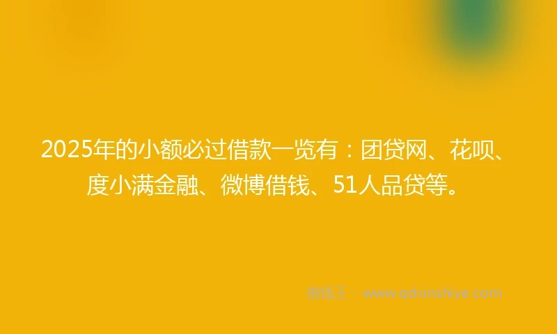 2025年的小额必过借款一览有：团贷网、花呗、度小满金融、微博借钱、51人品贷等。
