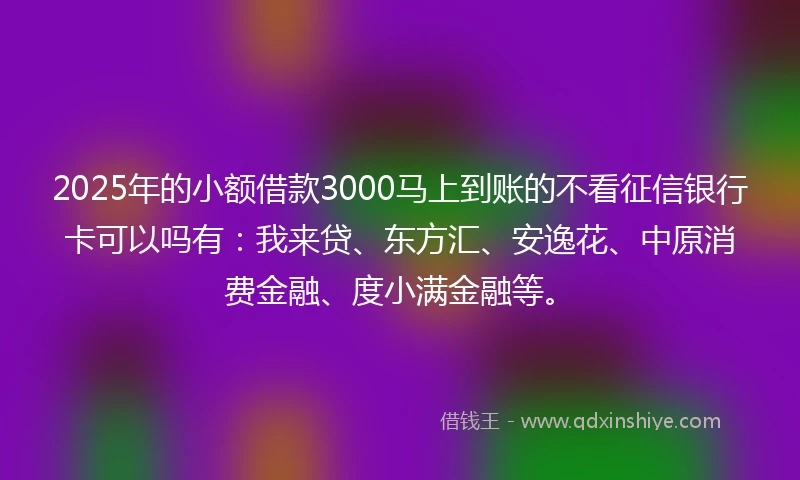 2025年的小额借款3000马上到账的不看征信银行卡可以吗有：我来贷、东方汇、安逸花、中原消费金融、度小满金融等。