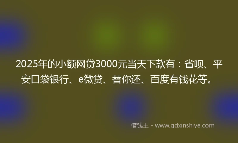 2025年的小额网贷3000元当天下款有：省呗、平安口袋银行、e微贷、替你还、百度有钱花等。