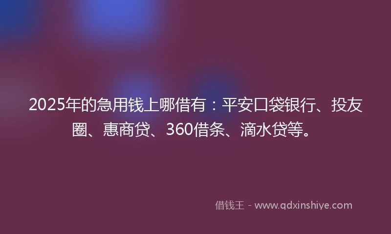 2025年的急用钱上哪借有：平安口袋银行、投友圈、惠商贷、360借条、滴水贷等。
