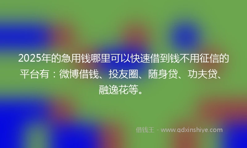 2025年的急用钱哪里可以快速借到钱不用征信的平台有：微博借钱、投友圈、随身贷、功夫贷、融逸花等。