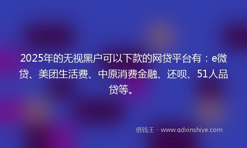 2025年的无视黑户可以下款的网贷平台有：e微贷、美团生活费、中原消费金融、还呗、51人品贷等。