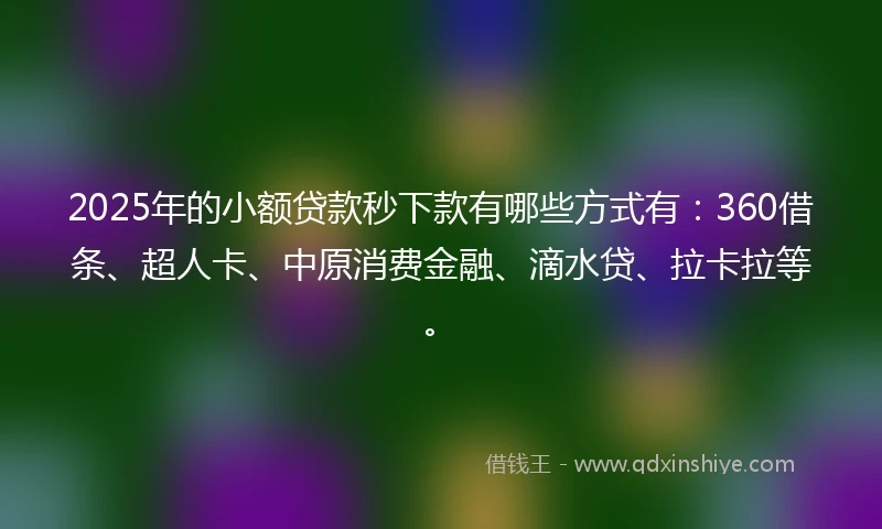 2025年的小额贷款秒下款有哪些方式有：360借条、超人卡、中原消费金融、滴水贷、拉卡拉等。