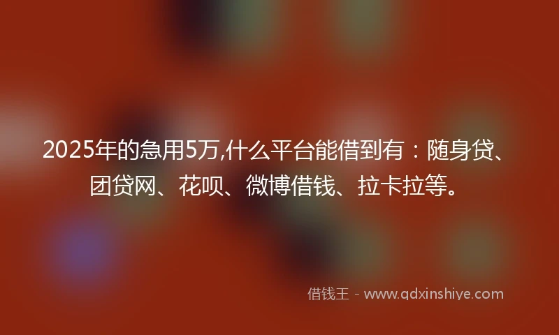 2025年的急用5万,什么平台能借到有：随身贷、团贷网、花呗、微博借钱、拉卡拉等。