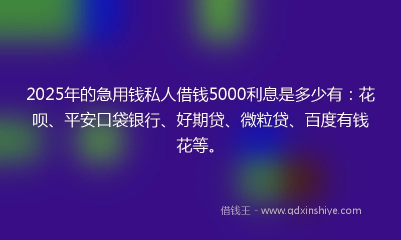 2025年的急用钱私人借钱5000利息是多少有：花呗、平安口袋银行、好期贷、微粒贷、百度有钱花等。