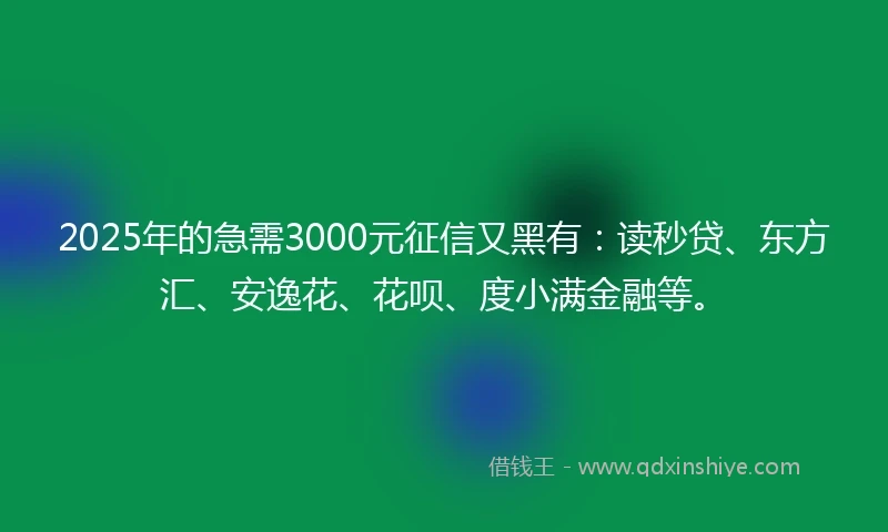 2025年的急需3000元征信又黑有：读秒贷、东方汇、安逸花、花呗、度小满金融等。