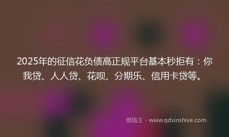 2025年的征信花负债高正规平台基本秒拒有：你我贷、人人贷、花呗、分期乐、信用卡贷等。