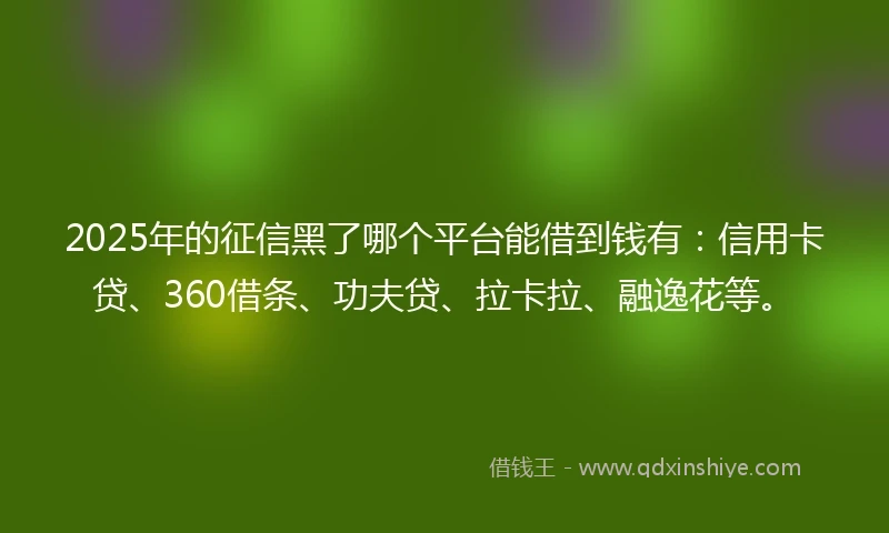 2025年的征信黑了哪个平台能借到钱有:信用卡贷、360借条、功夫贷、拉卡拉、融逸花等。