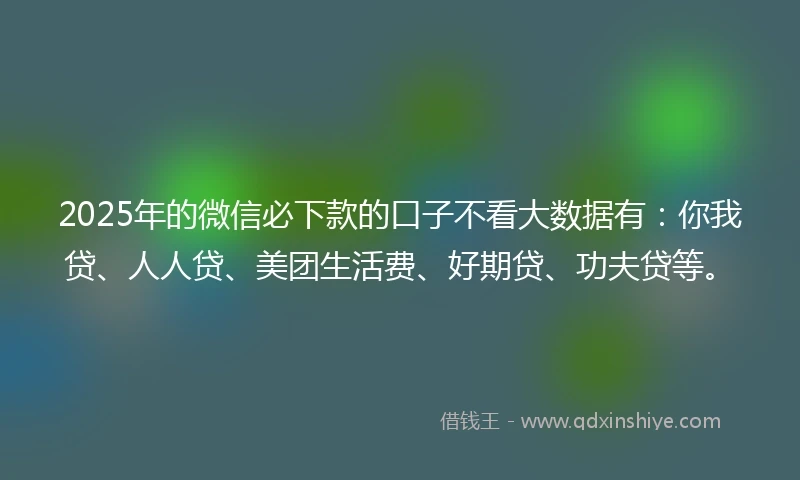 2025年的微信必下款的口子不看大数据有：你我贷、人人贷、美团生活费、好期贷、功夫贷等。
