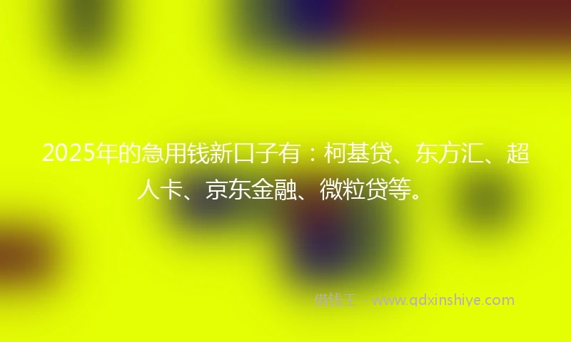 2025年的急用钱新口子有：柯基贷、东方汇、超人卡、京东金融、微粒贷等。