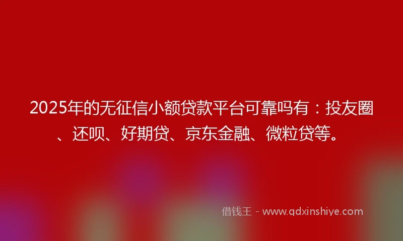 2025年的无征信小额贷款平台可靠吗有：投友圈、还呗、好期贷、京东金融、微粒贷等。