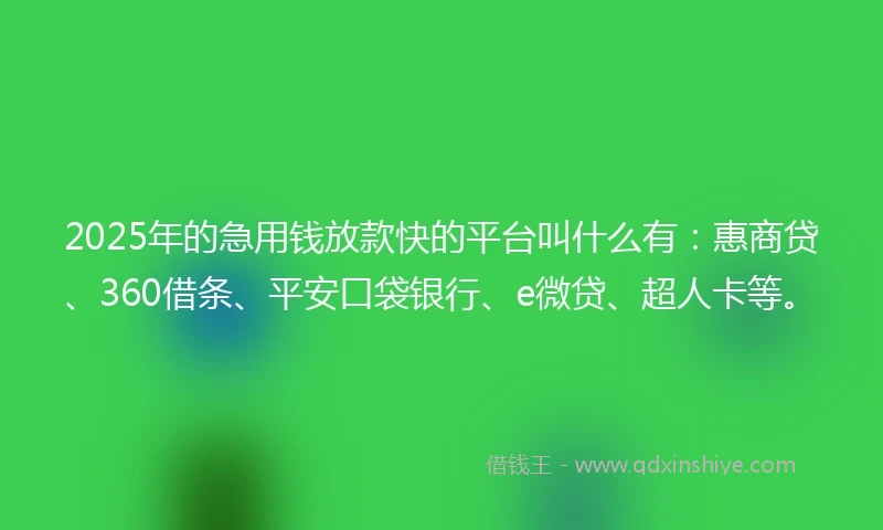 2025年的急用钱放款快的平台叫什么有：惠商贷、360借条、平安口袋银行、e微贷、超人卡等。