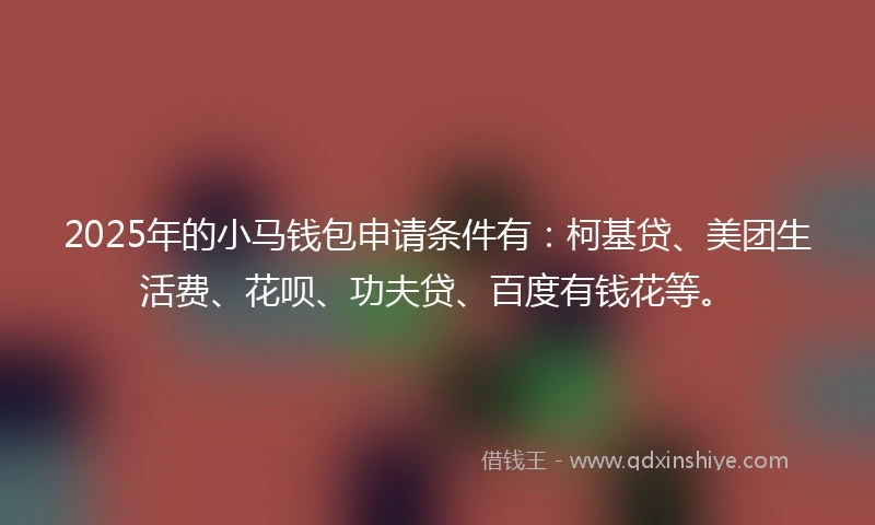 2025年的小马钱包申请条件有：柯基贷、美团生活费、花呗、功夫贷、百度有钱花等。