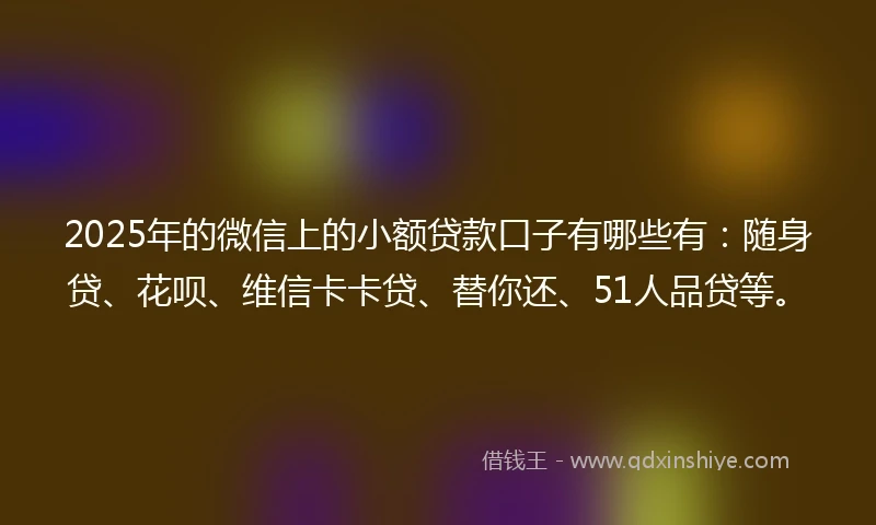 2025年的微信上的小额贷款口子有哪些有：随身贷、花呗、维信卡卡贷、替你还、51人品贷等。