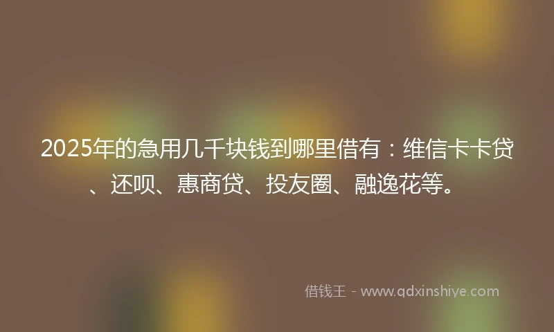 2025年的急用几千块钱到哪里借有：维信卡卡贷、还呗、惠商贷、投友圈、融逸花等。