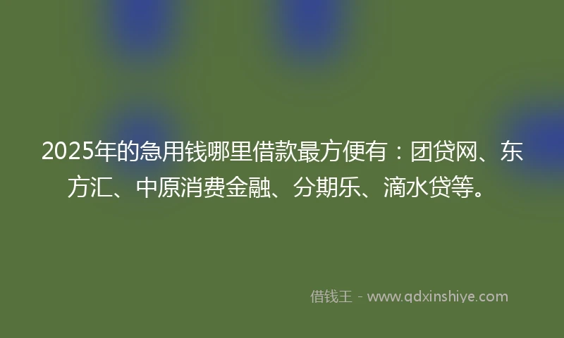 2025年的急用钱哪里借款最方便有：团贷网、东方汇、中原消费金融、分期乐、滴水贷等。